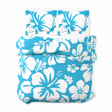 Aqua Blue & White Hawaiian Flowers Duvet Cover – Large Scale – Extremely Stoked® Eco Luxe Beach Bedding