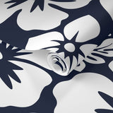 Navy Blue and White Hawaiian Flowers Wallpaper