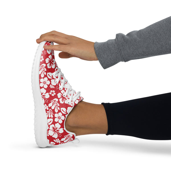 Women’s Red & White Hawaiian Flowers Athleisure Sneakers – Extremely Stoked® Surf-Style Shoes