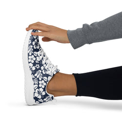 Women’s Navy Blue & White Hawaiian Flowers Athleisure Sneakers – Extremely Stoked® Surf-Style Shoes