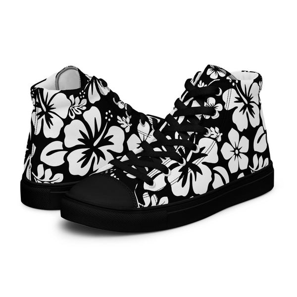 Women's Black and White Hawaiian Print High Top Canvas Shoes - Extremely Stoked