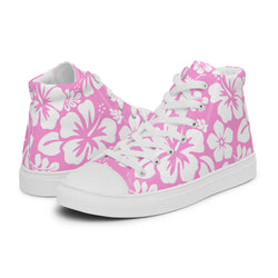 Women's Pink and White Hawaiian Print High Top Canvas Shoes