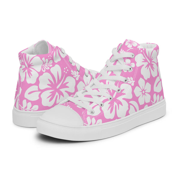 Women's Pink and White Hawaiian Print High Top Canvas Shoes - Extremely Stoked