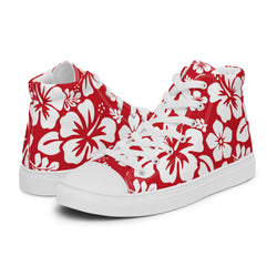 Women's Red and White Hawaiian Print High Top Canvas Shoes