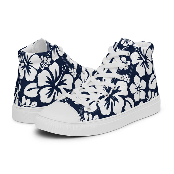 Women's Navy Blue and White Hawaiian Print High Top Canvas Shoes