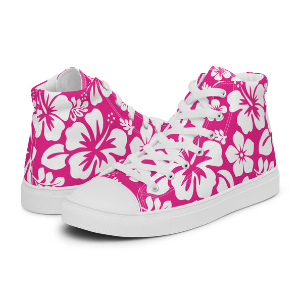 Women's Hot Pink and White Hawaiian Print High Top Canvas Shoes - Extremely Stoked