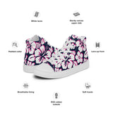 Women's Navy Blue, White and Hot Pink Hawaiian Print High Top Canvas Shoes