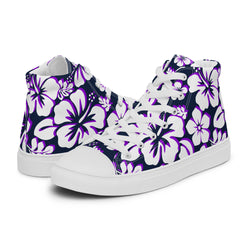 Women's Navy Blue, White and Purple Hawaiian Print High Top Canvas Shoes
