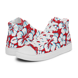 Women's Red, Aqua Blue and White Hawaiian Print High Top Canvas Shoes