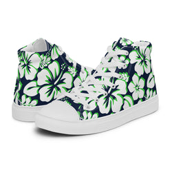Women's Navy Blue, White and Lime Green Hawaiian Print High Top Canvas Shoes