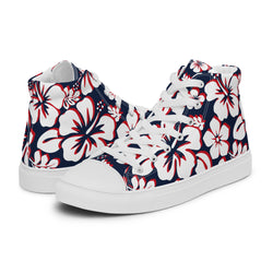 Women's Navy Blue, White and Red Hawaiian Print High Top Canvas Shoes