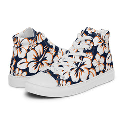 Women's Navy Blue, White and Orange Hawaiian Print High Top Canvas Shoes