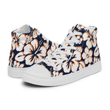 Women's Navy Blue, White and Orange Hawaiian Print High Top Canvas Shoes - Extremely Stoked