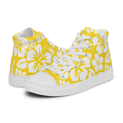 Women's Yellow and White Hawaiian Print High Top Canvas Shoes