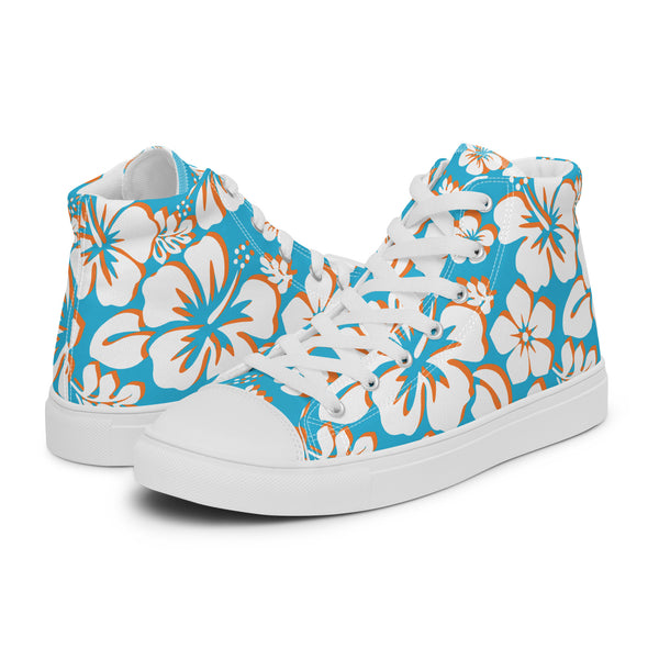 Women's Aqua Blue and Orange Hawaiian Print High Top Canvas Shoes - Extremely Stoked