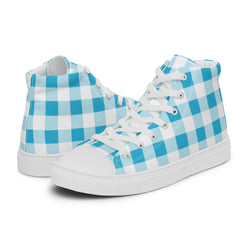 Aqua Blue and White Preppy Girl Gingham Women’s High Top Canvas Shoes