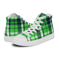 Lime and Navy Blue Surfer Girl Plaid Women’s High Top Canvas Shoes