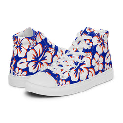 Women's Royal Blue, White and Orange Hawaiian Print High Top Canvas Shoes