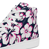 Women's Navy Blue, White and Hot Pink Hawaiian Print High Top Canvas Shoes