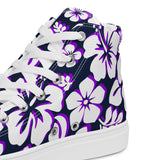 Women's Navy Blue, White and Purple Hawaiian Print High Top Canvas Shoes - Extremely Stoked