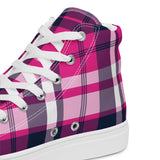 Hot Pink and Navy Blue Surfer Girl Plaid Women’s High Top Canvas Shoes