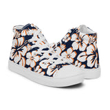 Women's Navy Blue, White and Orange Hawaiian Print High Top Canvas Shoes