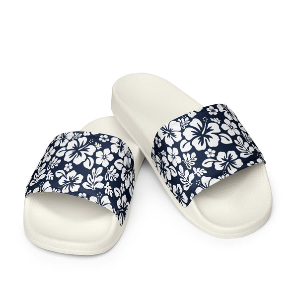 Navy Blue and White Hawaiian Flowers Women’s Slides Sandals