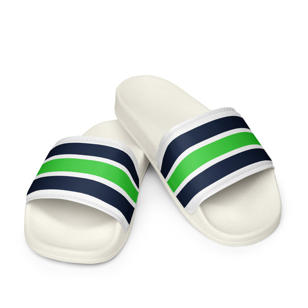 Navy Blue and Green Beach Stripes Women’s Slide Sandals