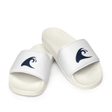 Extremely Stoked Navy Blue Epic Wave Logo on Women's White Slide Sandals