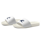 Extremely Stoked Navy Blue Epic Wave Logo on Women's White Slide Sandals