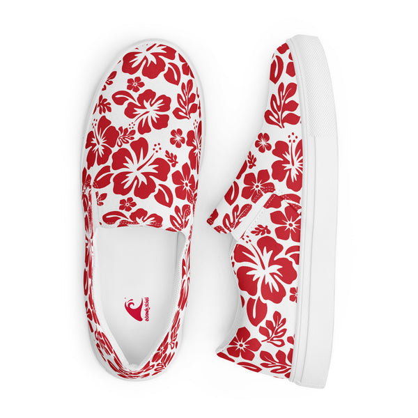 Red and White Hawaiian Flowers Women's Slip On Canvas Shoes