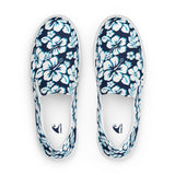 Navy Blue, Aqua and White Hawaiian Flowers Women's Slip On Canvas Shoes