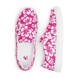 Hot Pink and White Hawaiian Flowers Women's Slip On Canvas Shoes