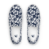 Navy Blue and White Hawaiian Flowers Women's Slip On Canvas Shoes