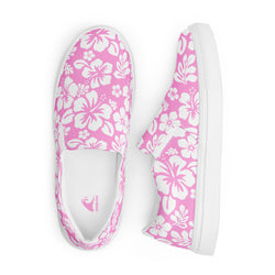 Pink and White Hawaiian Flowers Women's Slip On Canvas Shoes