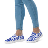 Royal Blue and White Hawaiian Flowers Women's Slip On Canvas Shoes