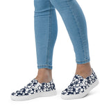 Navy Blue and White Hawaiian Flowers Women's Slip On Canvas Shoes