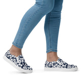 Navy Blue and White Hawaiian Flowers Women's Slip On Canvas Shoes