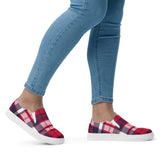Red, White and Navy Blue Preppy Surfer Plaid Women's Slip On Canvas Shoes