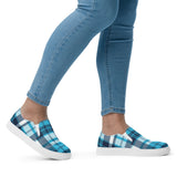 Aqua and Navy Blue Preppy Surfer Plaid Women's Slip On Canvas Shoes